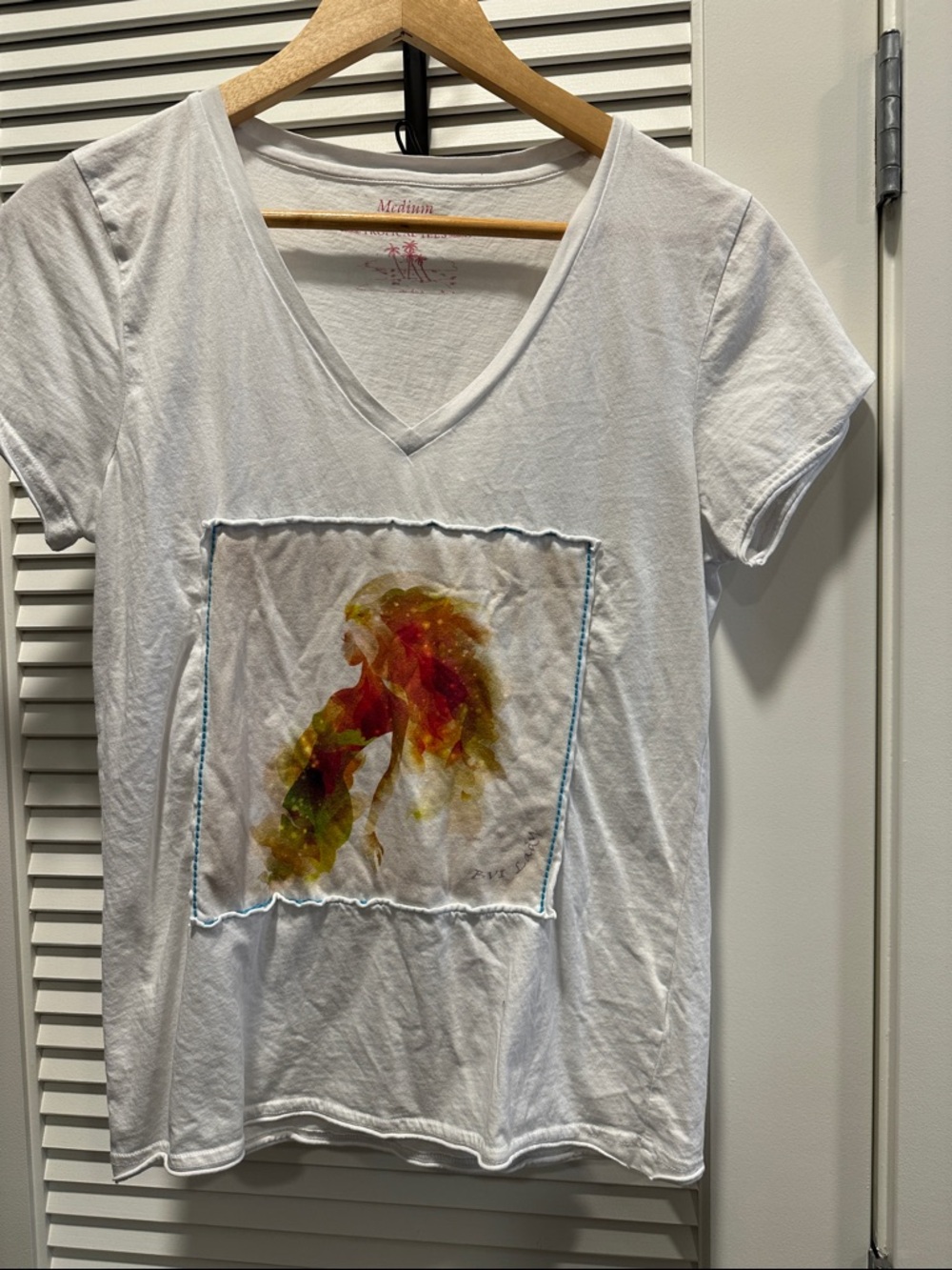 White V-Neck Tee with Abstract Multicolor Watercolor Print